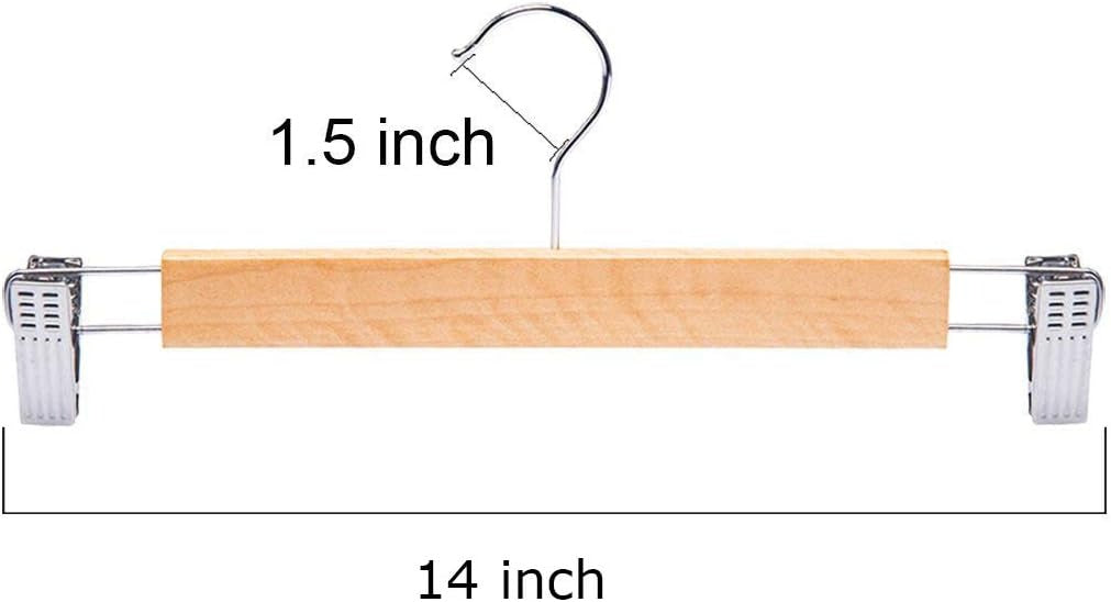 10 Pack 36 cm Inch Natural Wooden Pants Hangers Skirt Hangers with Clips for Bottoms Jeans Slacks Trousers, Anti-Slip