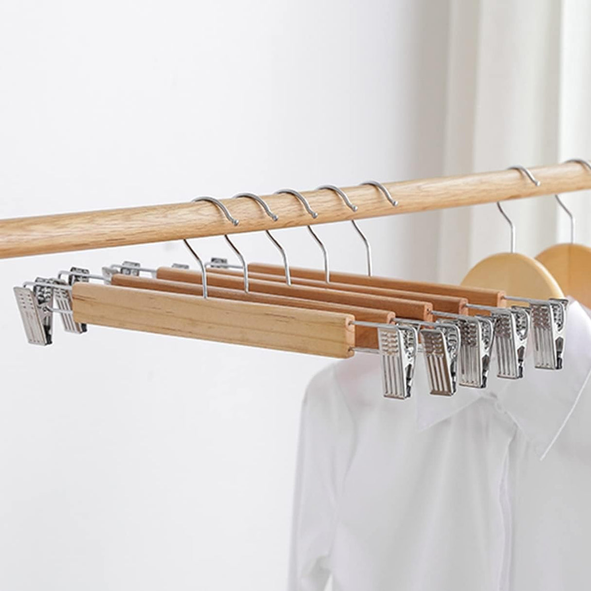 10 Pack 36 cm Inch Natural Wooden Pants Hangers Skirt Hangers with Clips for Bottoms Jeans Slacks Trousers, Anti-Slip