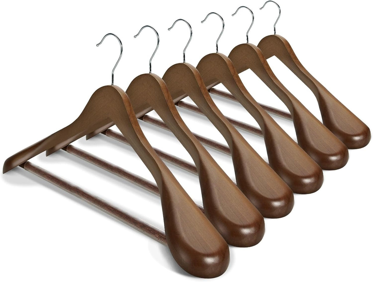 10pcs Wooden Suit Hangers High-Grade Glossy Finish Wide Shoulder Design with Non Slip Pants Bar Swivel Hook