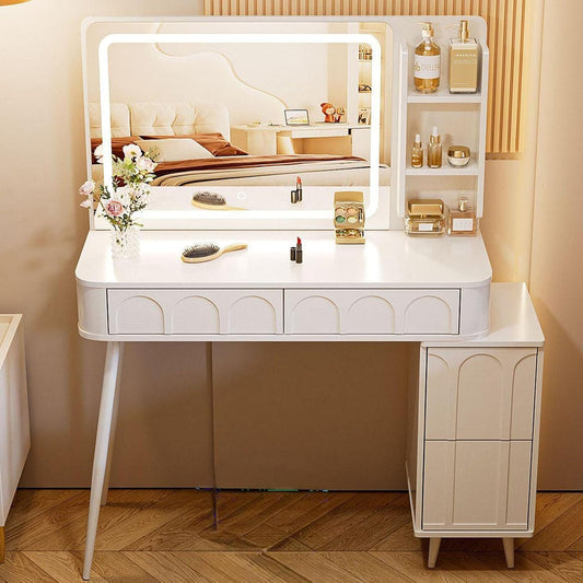 Makeup Vanity Desk with Lights and Mirror, Big Modern Make Up Vanity Table with lighted mirror and 4 drawers