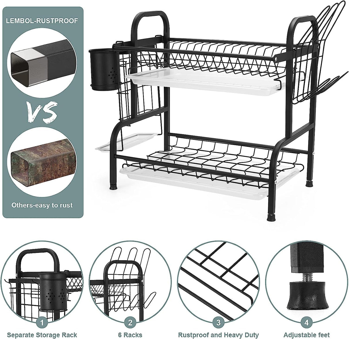 Dish Drying Rack, 2-Tier Compact Kitchen Dish Rack, Large Rust-Proof Dish Drainer with Utensil Holder