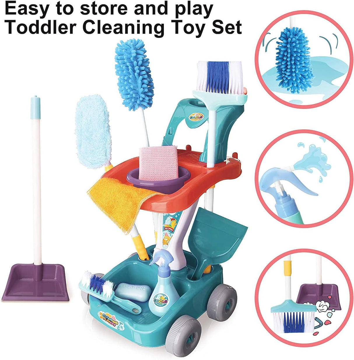 Kids Cleaning Play Set  broom with cart, brooms, and mop