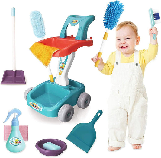 Kids Cleaning Play Set  broom with cart, brooms, and mop