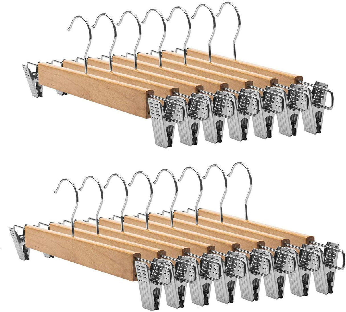 10 Pack 36 cm Inch Natural Wooden Pants Hangers Skirt Hangers with Clips for Bottoms Jeans Slacks Trousers, Anti-Slip