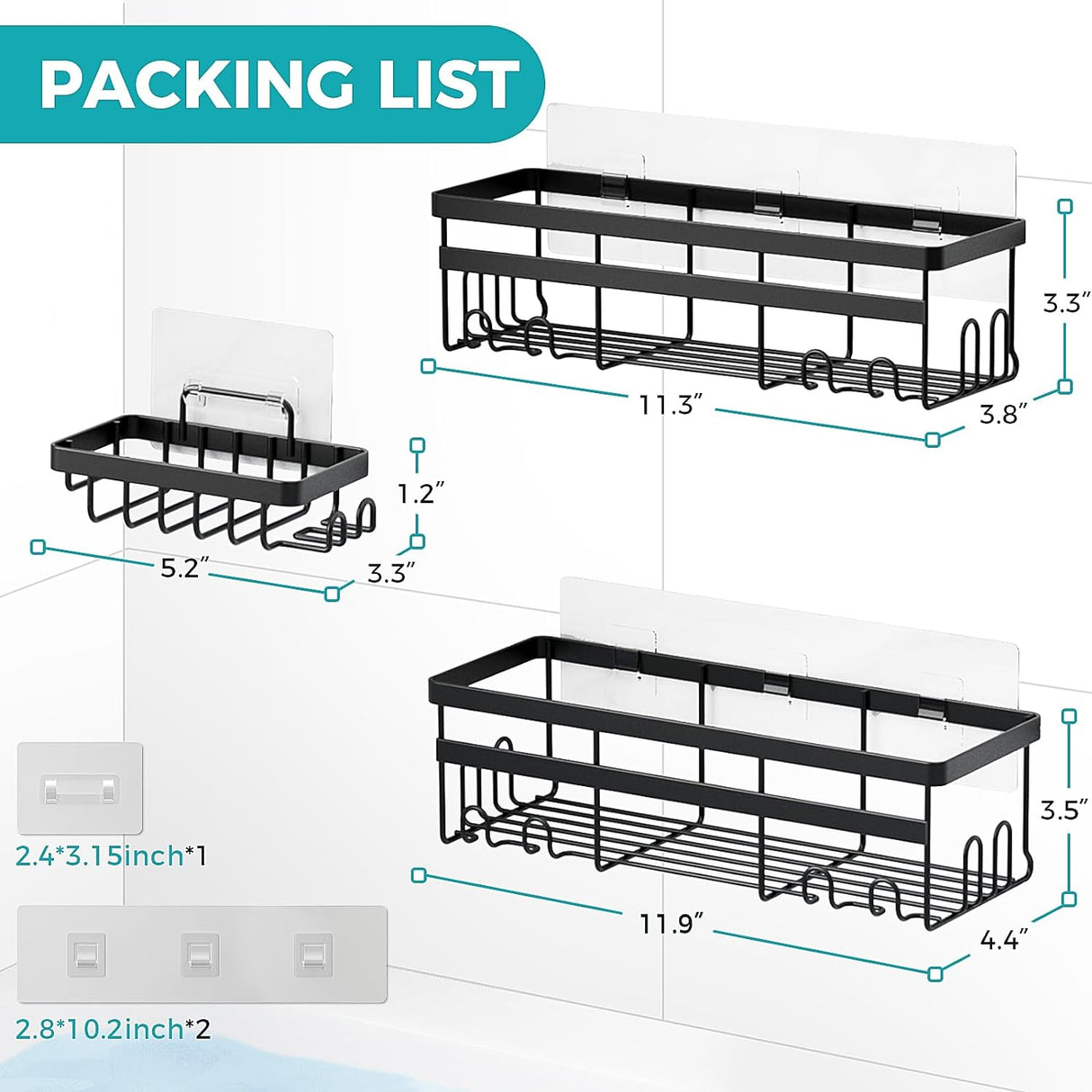 Shower Caddy, 3-Pack with Soap Holder, No Drilling Rustproof Shower Organizer with Save Space Hooks, Apartment Essentials for Bathroom