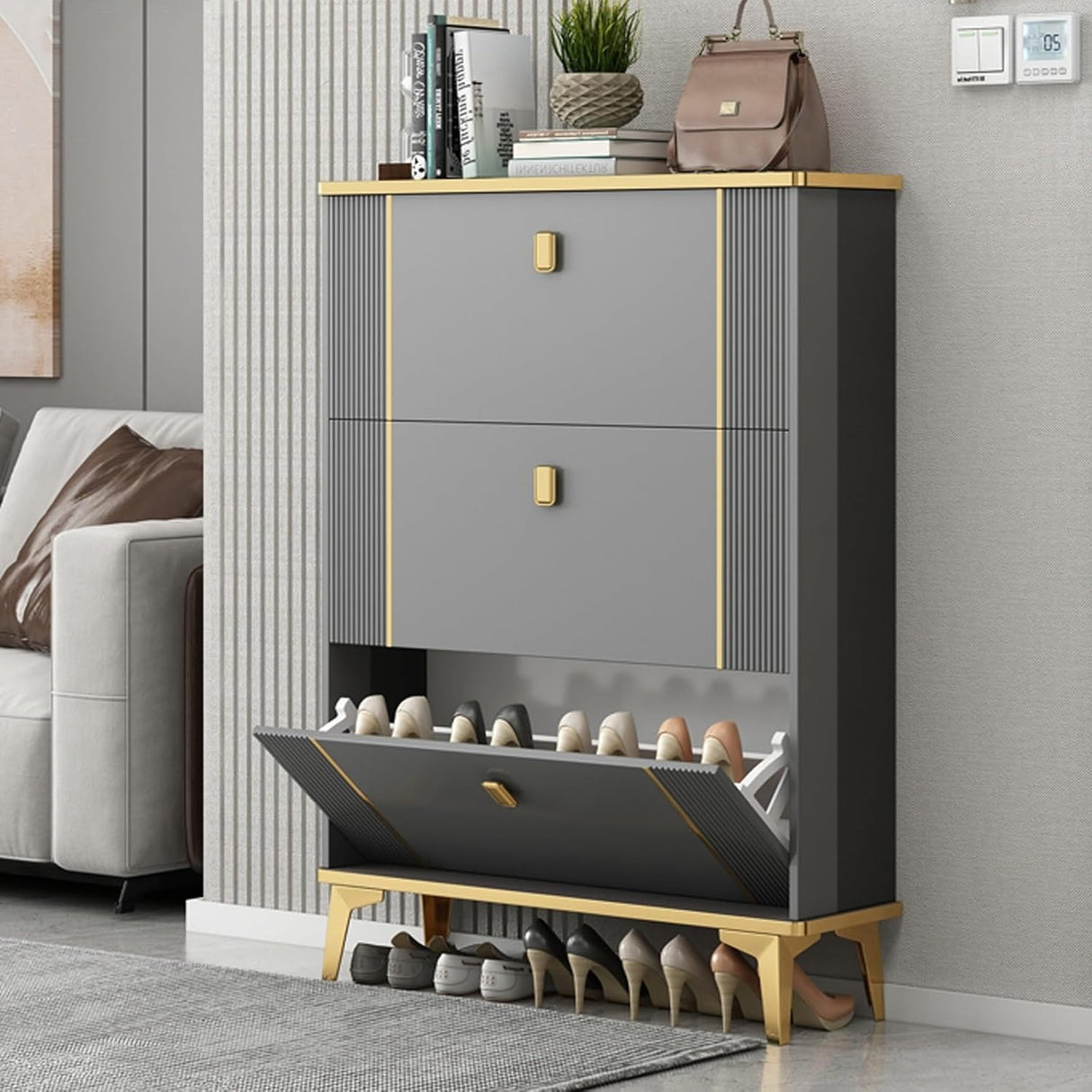 Tipping Shoe Cabinet, Shoe Rack Storage Cabinet For Entryway, With 3 Flip Drawers, Free Standing Shoe Rack