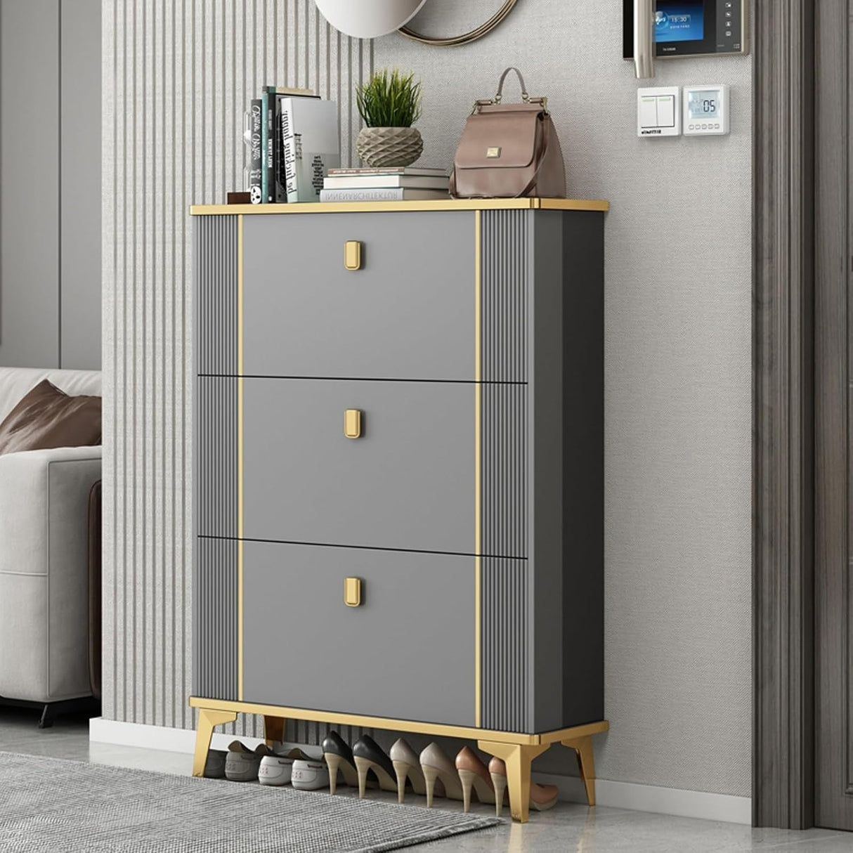 Tipping Shoe Cabinet, Shoe Rack Storage Cabinet For Entryway, With 3 Flip Drawers, Free Standing Shoe Rack