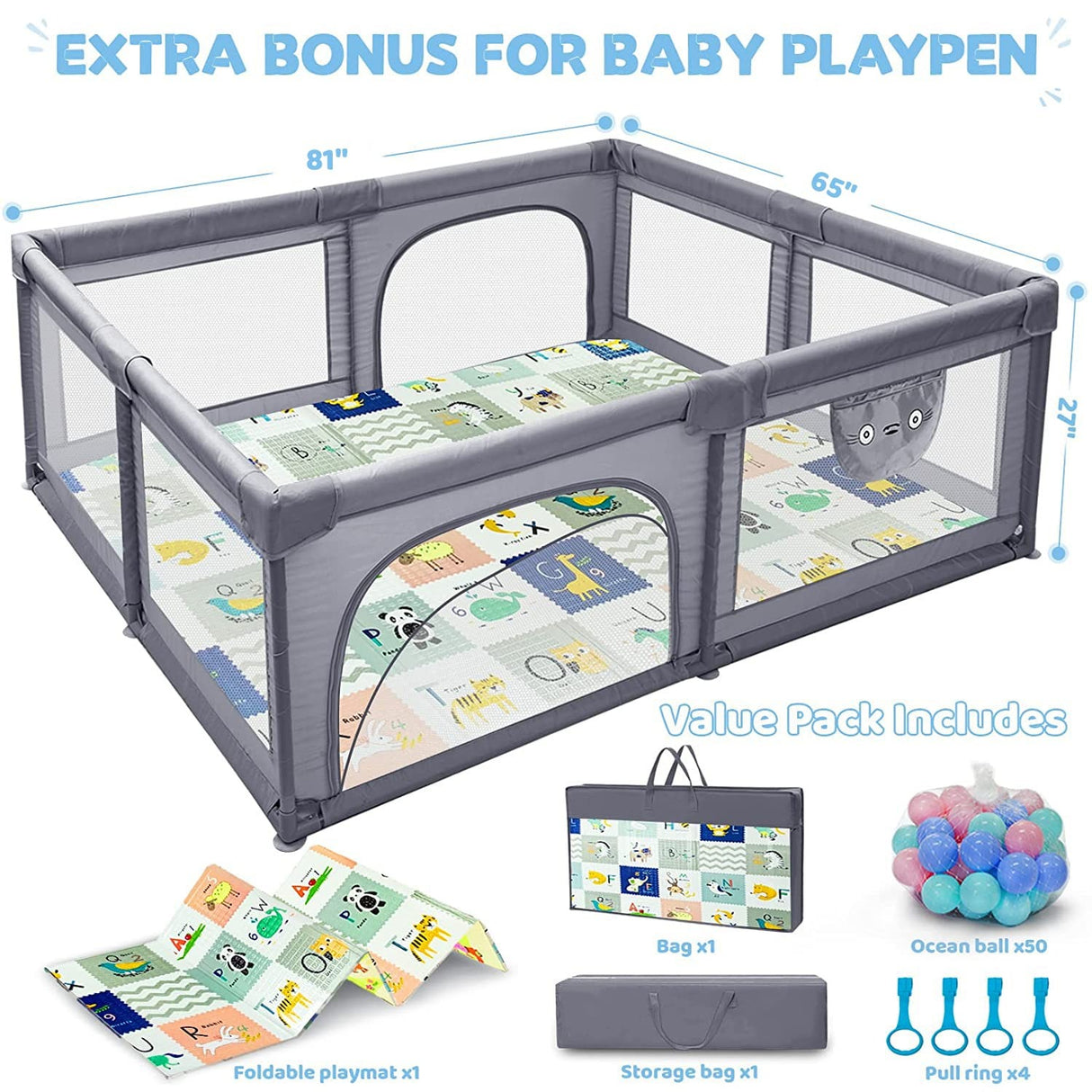 Extra Large Baby Playpen Play Pen with Mat for Toddlers With Shock Absorbing Mat