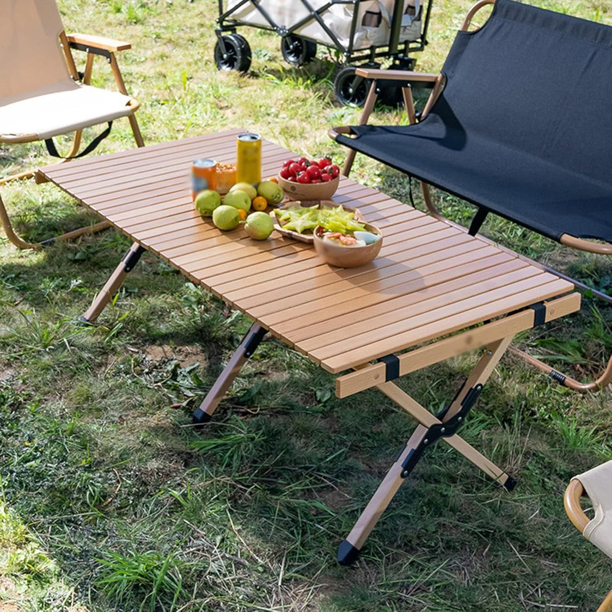 Folding Camping Picnic Table With Four Chairs, 120*60Cm, Camping Table Easy To Trap, Aluminum Roll Up Outdoor Camping Table, Portable Camping Table Travel.