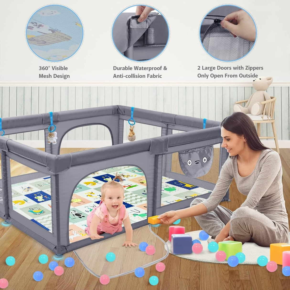 Extra Large Baby Playpen Play Pen with Mat for Toddlers With Shock Absorbing Mat