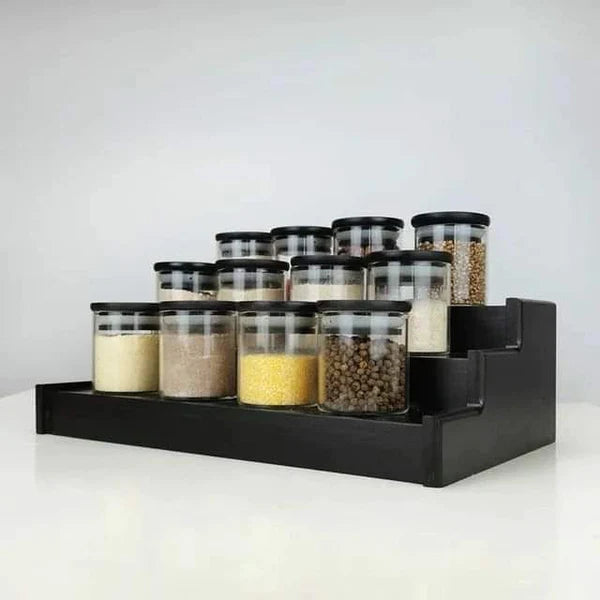 Glass spice jar set with a black bamboo stand 12pcs