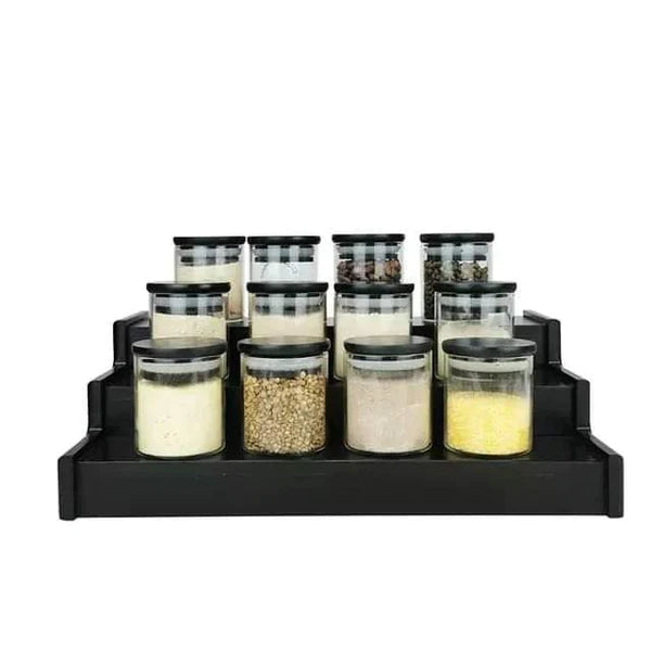 Glass spice jar set with a black bamboo stand 12pcs