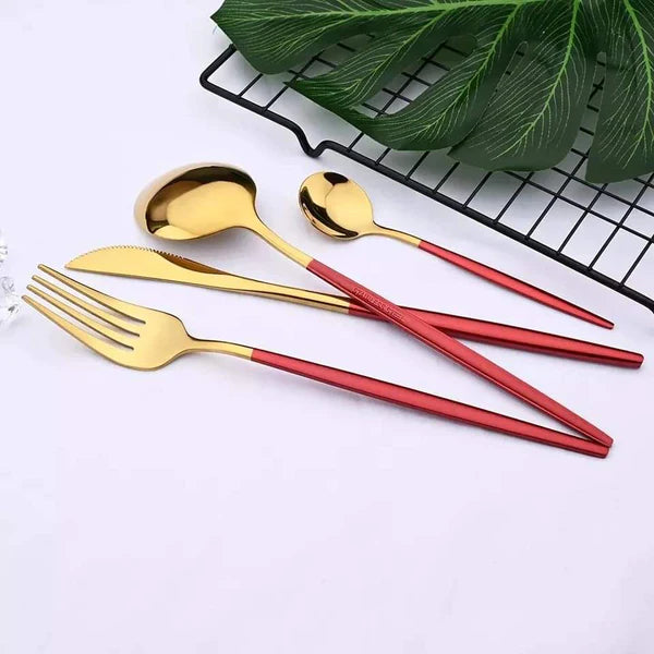 24PCS Cutlery Set Stainless Steel Cutlery Complete Tableware Set Fork Knives Spoon Round Handle Dinnerware Set