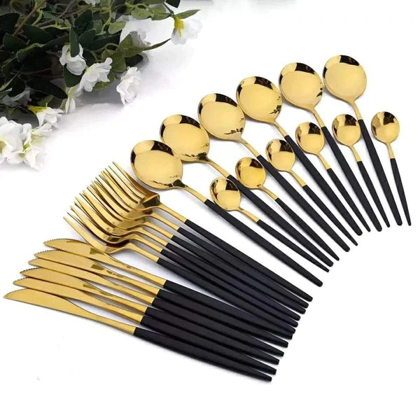 24PCS Cutlery Set Stainless Steel Cutlery Complete Tableware Set Fork Knives Spoon Round Handle Dinnerware Set