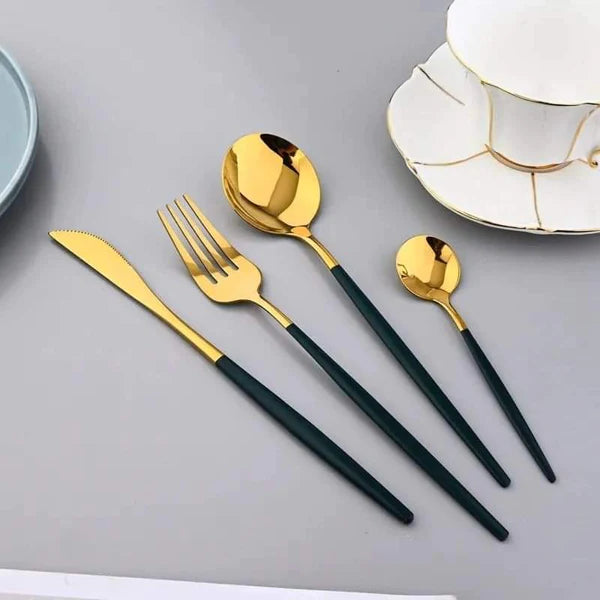 24PCS Cutlery Set Stainless Steel Cutlery Complete Tableware Set Fork Knives Spoon Round Handle Dinnerware Set