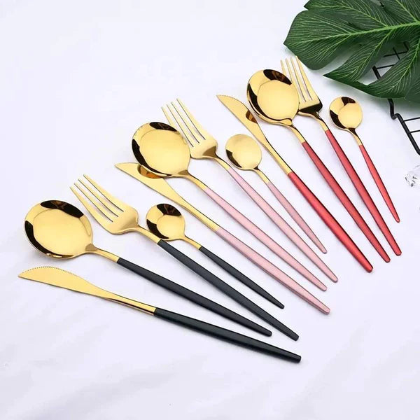 24PCS Cutlery Set Stainless Steel Cutlery Complete Tableware Set Fork Knives Spoon Round Handle Dinnerware Set