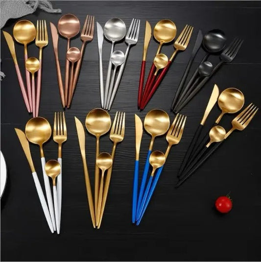 24PCS Cutlery Set Stainless Steel Cutlery Complete Tableware Set Fork Knives Spoon Round Handle Dinnerware Set