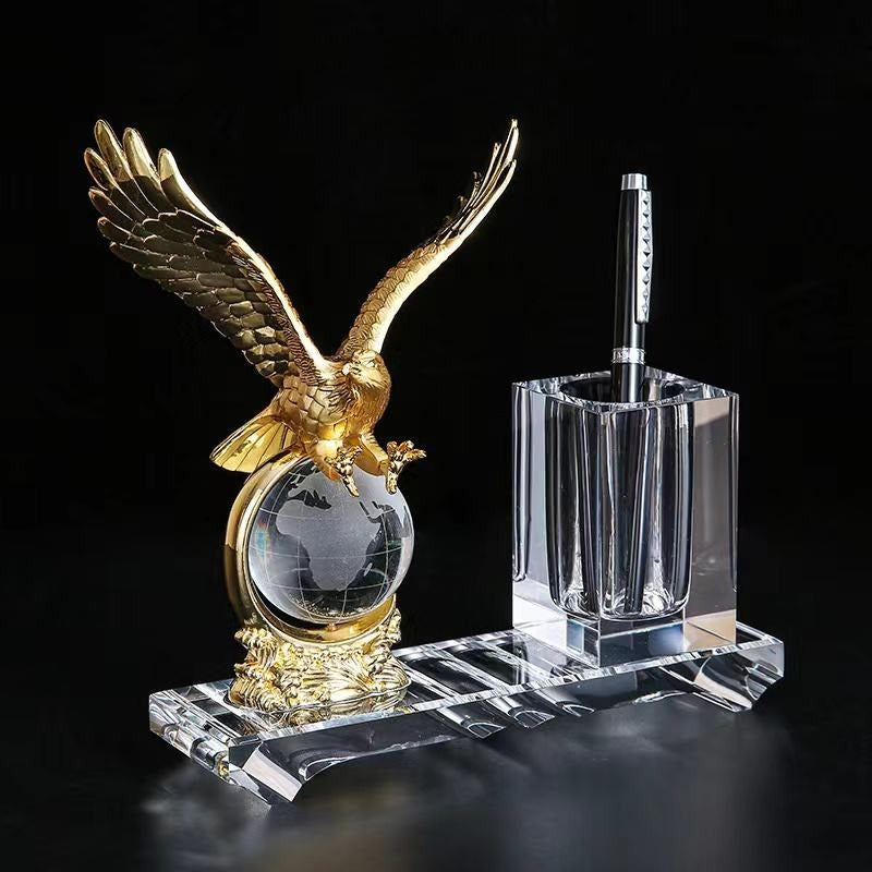 Luxurious Business Gifts Handmade Office Stationary Crystal Glass Pen Holder With Golden Eagle