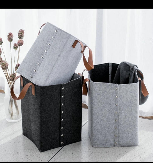 Foldable laundry basket with leather handles