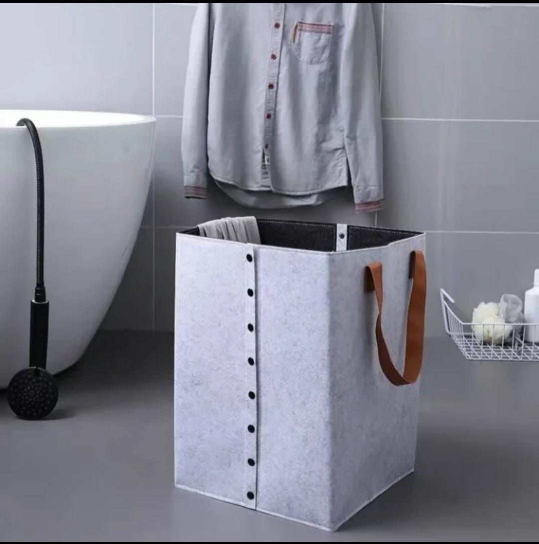 Foldable laundry basket with leather handles