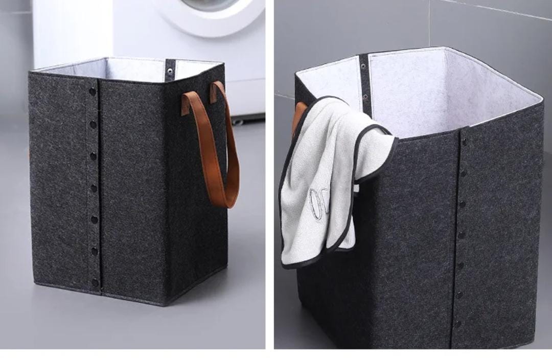 Foldable laundry basket with leather handles