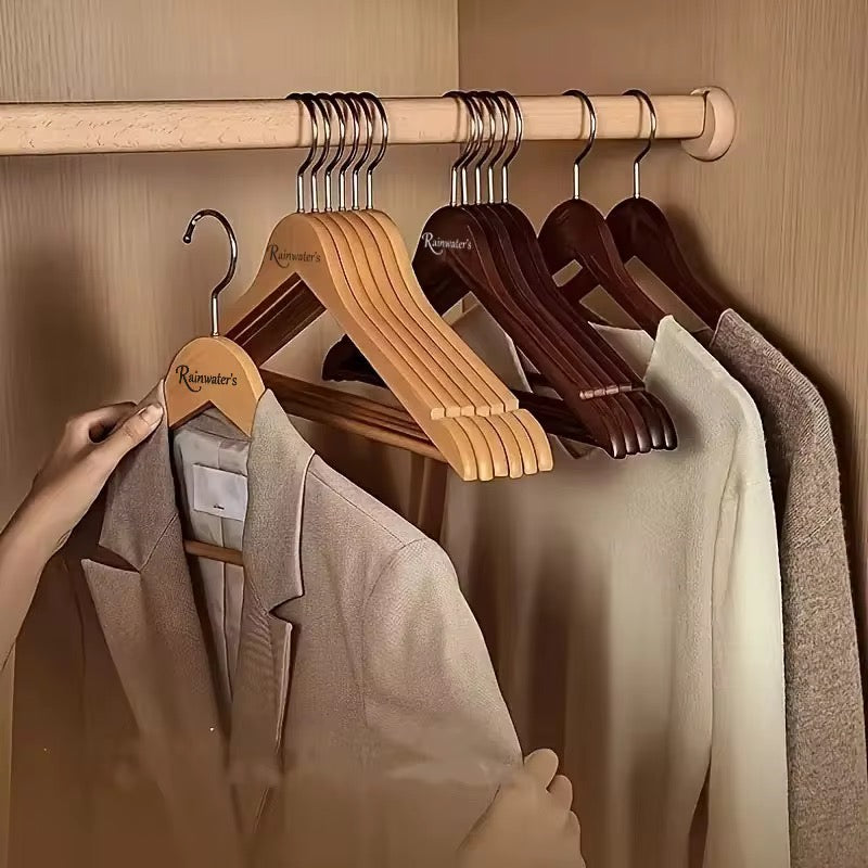 10pcs Wooden Suit Hangers High-Grade Glossy Finish Wide Shoulder Design with Non Slip Pants Bar Swivel Hook