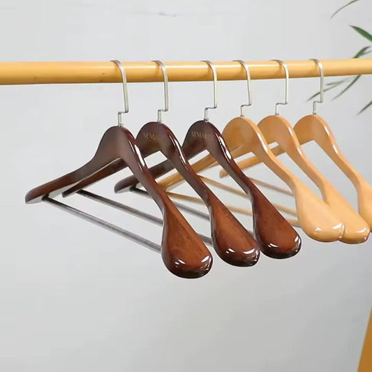 10pcs Wooden Suit Hangers High-Grade Glossy Finish Wide Shoulder Design with Non Slip Pants Bar Swivel Hook