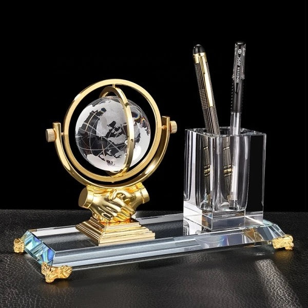 Globe Crystal Pen Holders Box, Glass, Business Tabletop Organizer, Desktop