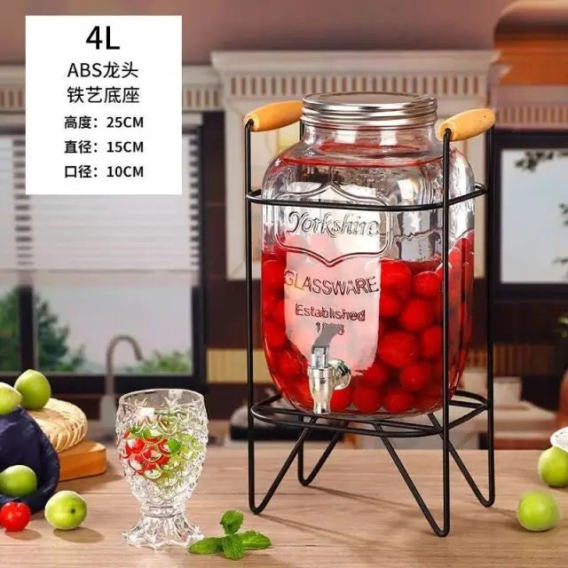 Glass Drink Dispenser with Stand Tap Cocktail Juice Dispenser