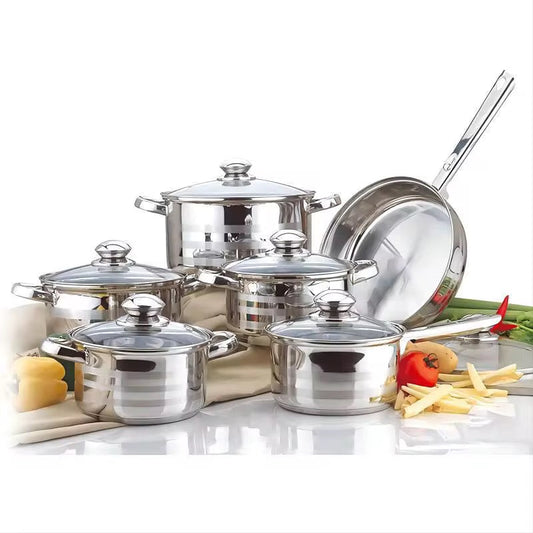 Signature Stainless Steel 12pcs Cookware Set With Induction Base With Glass Lids and Nonstick Pan