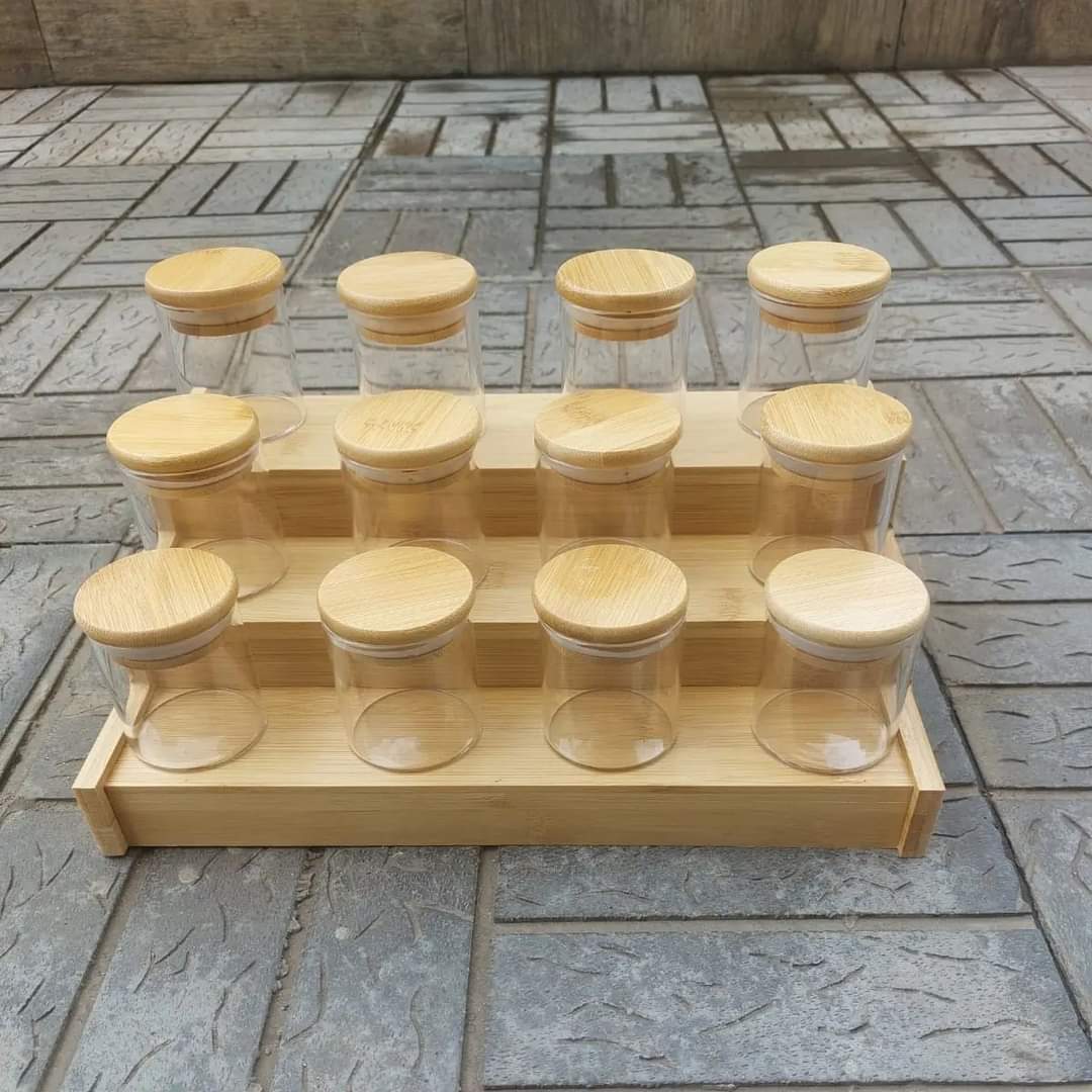 12pcs glass spice jar set with a brown bamboo stand