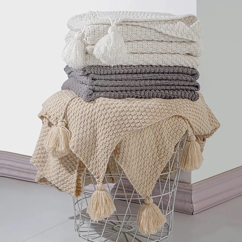 Knitted Throw Blanket with Tassel Knit Blanket for Couch Chair Bed