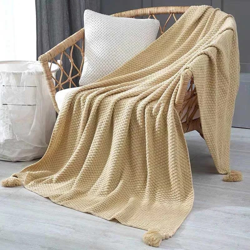 Knitted Throw Blanket with Tassel Knit Blanket for Couch Chair Bed