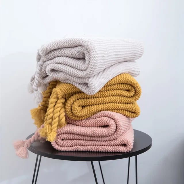 Knitted Throw Blanket With Tassels  Fringe Throw for Couch Bed Sofa