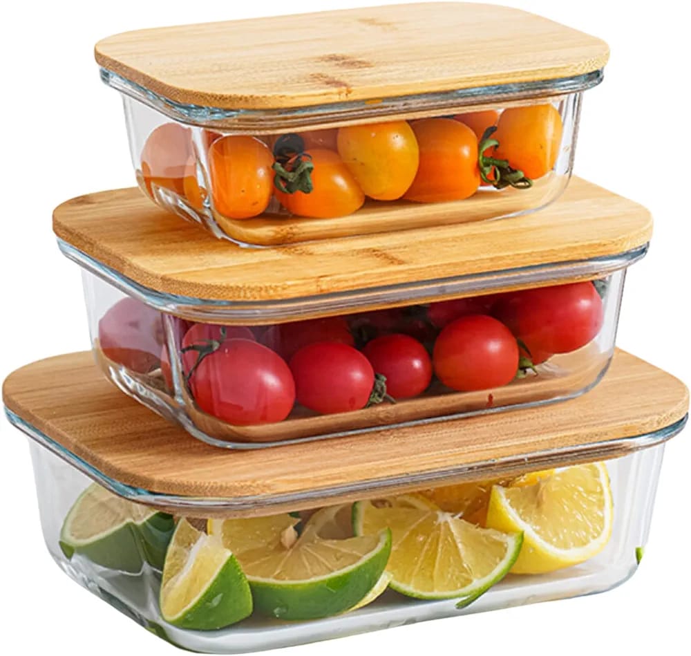 3 Pcs Glass Lunch box with bamboo cover