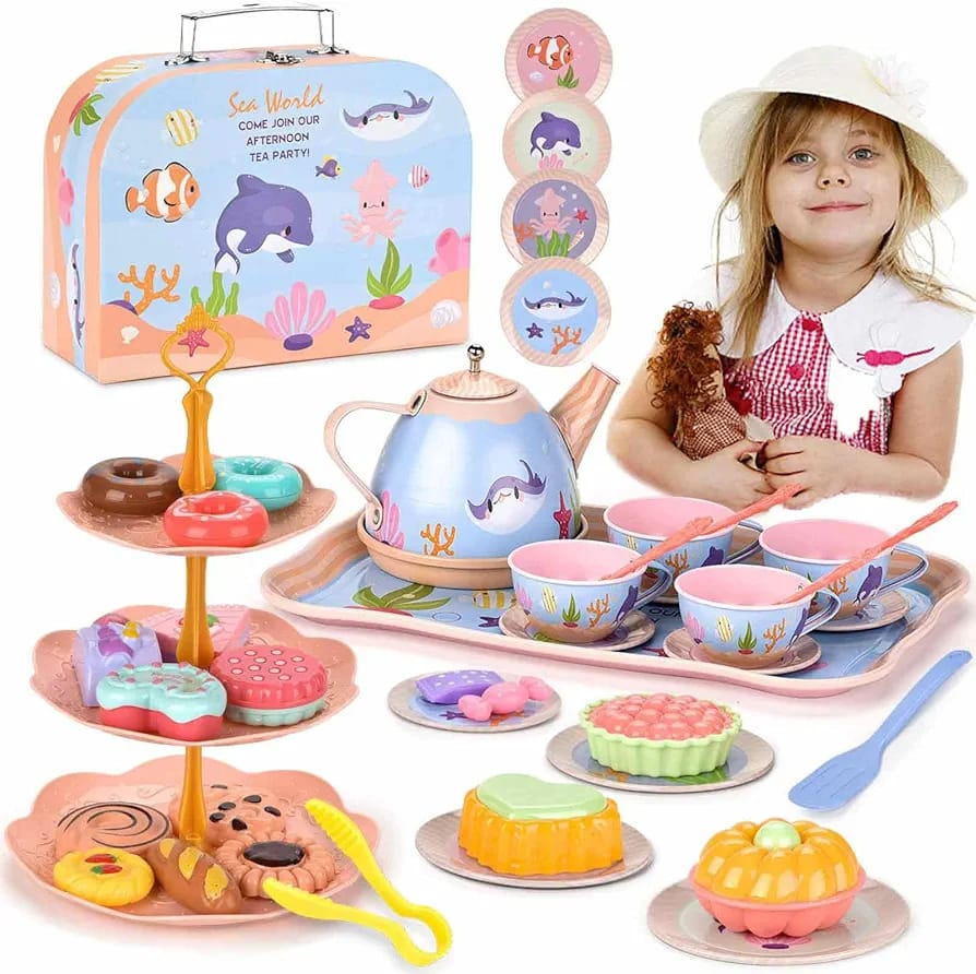 Kids Tea Party Set for Little Girls Birthday Gift Toys for 3 4 5 6 7 8 Year Old Girls, Cute Princess Play Toddlers Tin Tea Set, Pretend Toys with Desserts, Flower Teapot & Teacup & Carrying Case