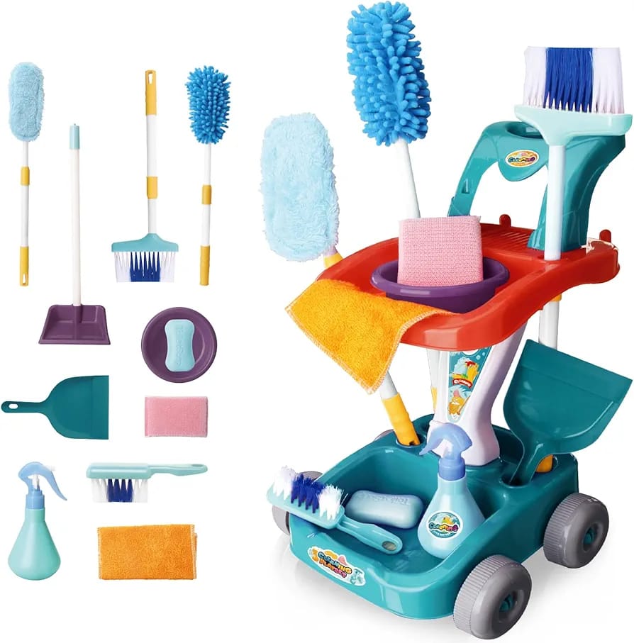 Kids Cleaning Play Set  broom with cart, brooms, and mop