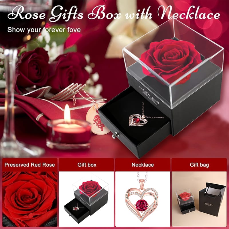 Heart shaped red rose necklace with gift box