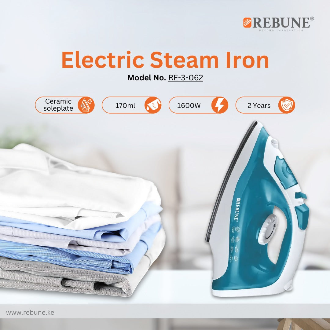 Rebune 1600W Steam Iron  Dry Ironing Function, Self-Cleaning, Spray & Steam Function- (White & Blue)