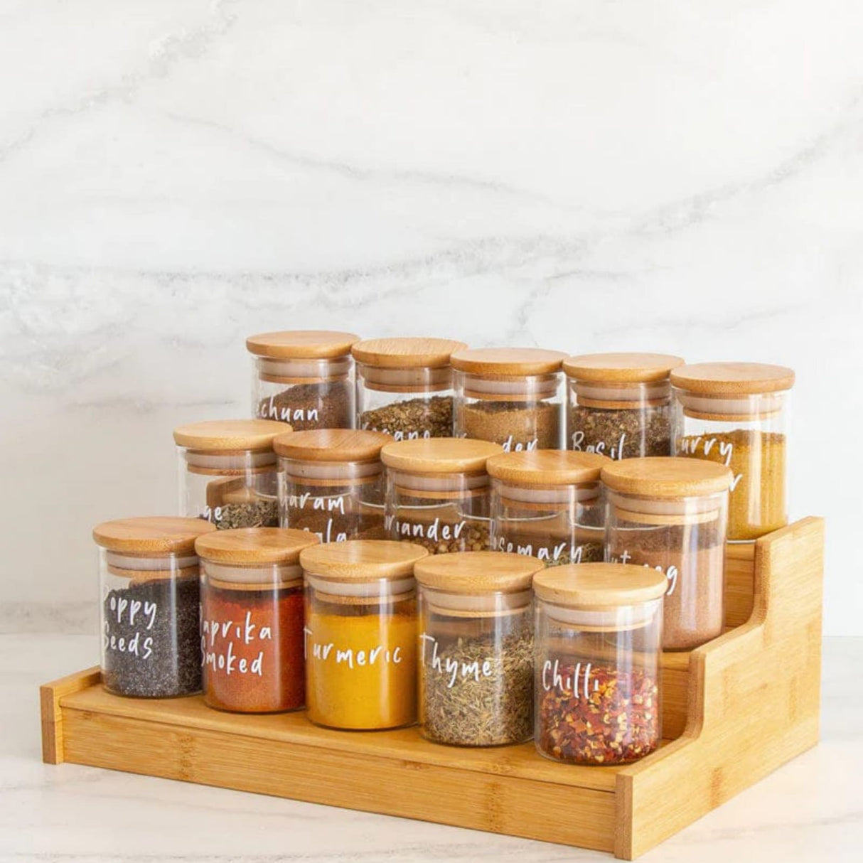 ♨️15pcs airtight glass spice jars with organizing Bamboo Rack