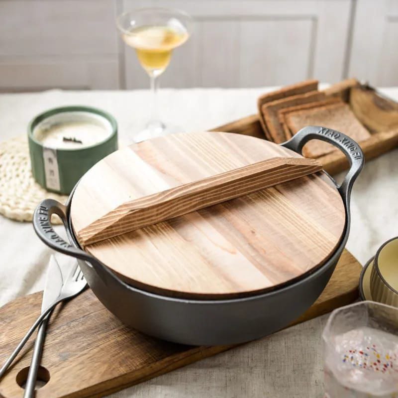 Pre-seasoned Pure Cast Iron Flat Bottom Wok with Wooden Lid