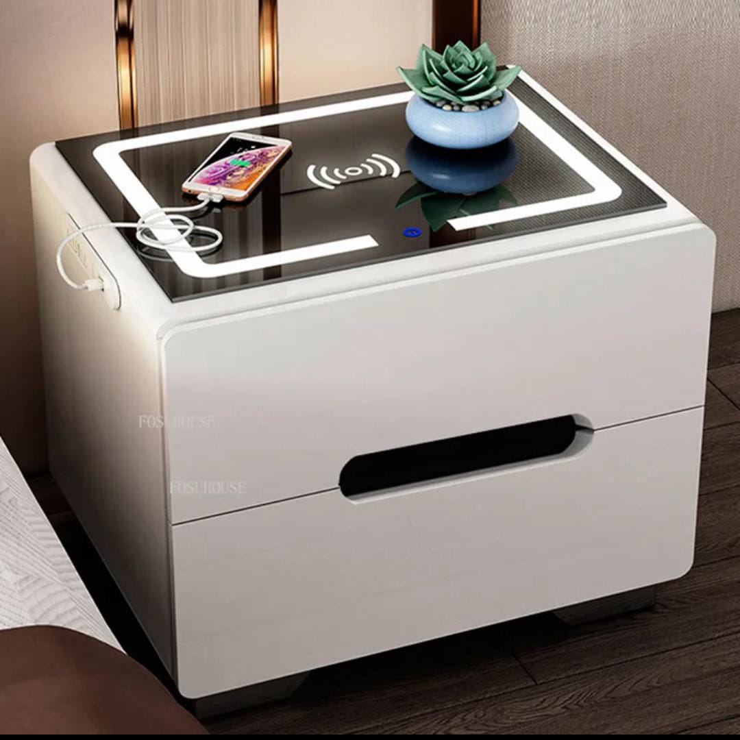 Bedside table with Lighting with wireless charging system.