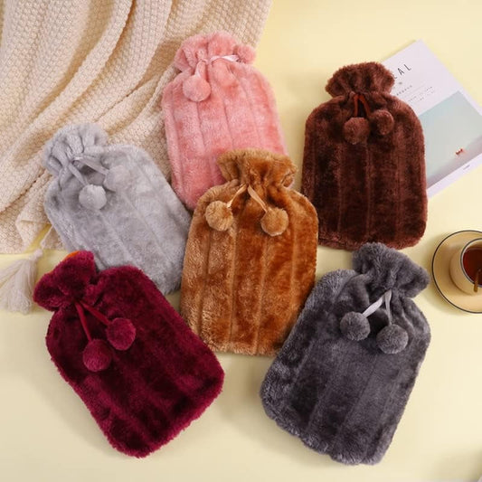 Cosy Faux Fur Pom Pom Hot Water Bottle - 2 Litre