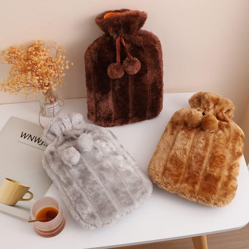 Cosy Faux Fur Pom Pom Hot Water Bottle - 2 Litre