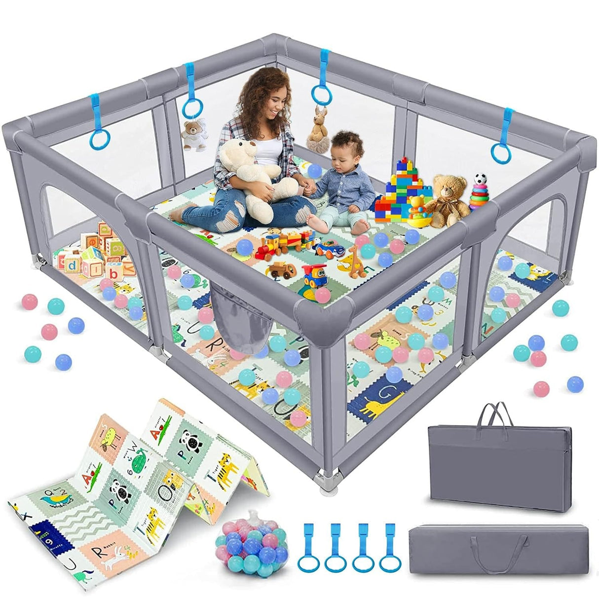 Extra Large Baby Playpen Play Pen with Mat for Toddlers With Shock Absorbing Mat