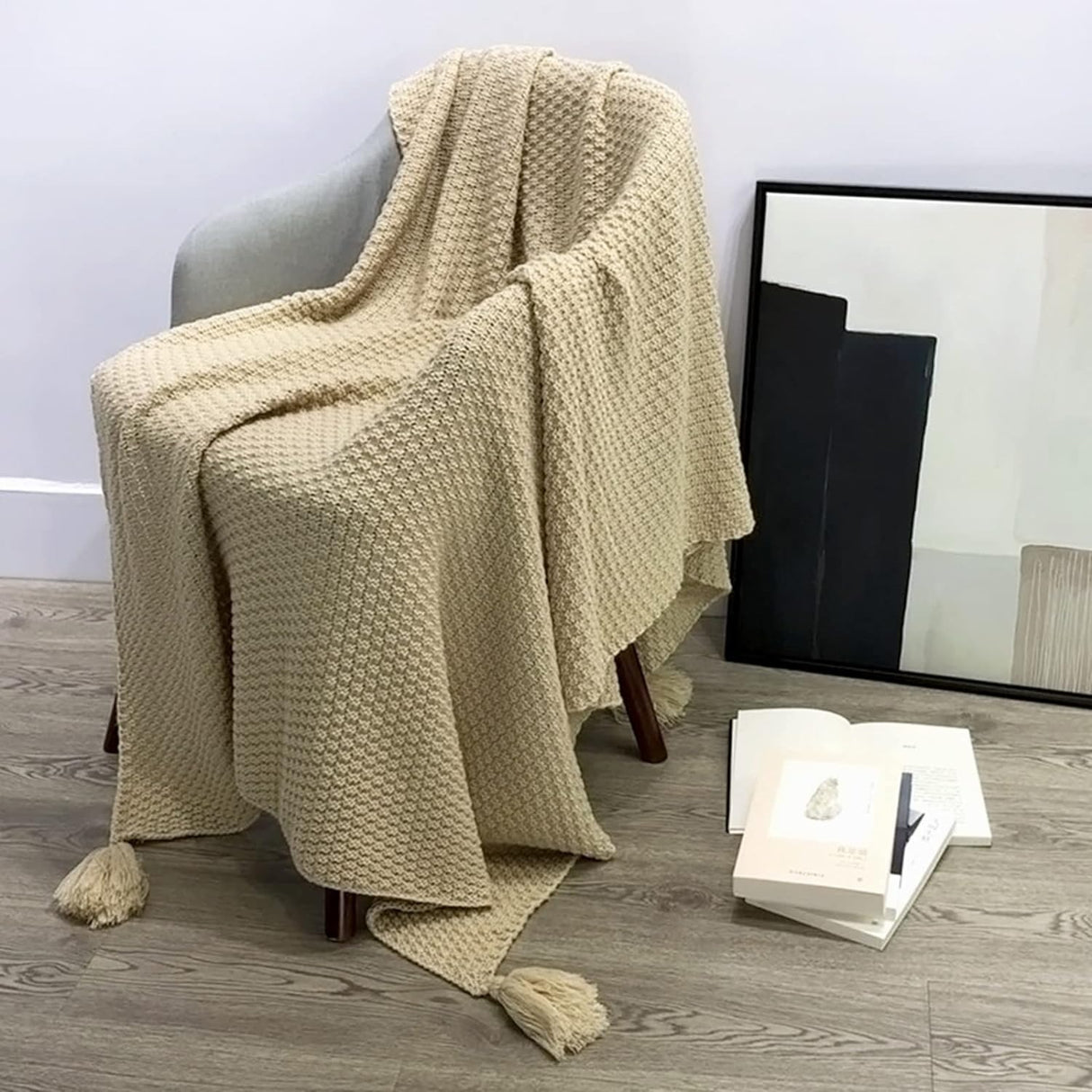 Knitted Throw Blanket with Tassel Knit Blanket for Couch Chair Bed